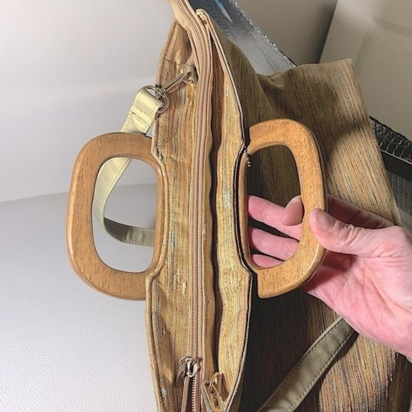 Cabrelli Vintage Tapestry Style Hand Bag Earth Tone Golden Wooden - Picture 4 of 10